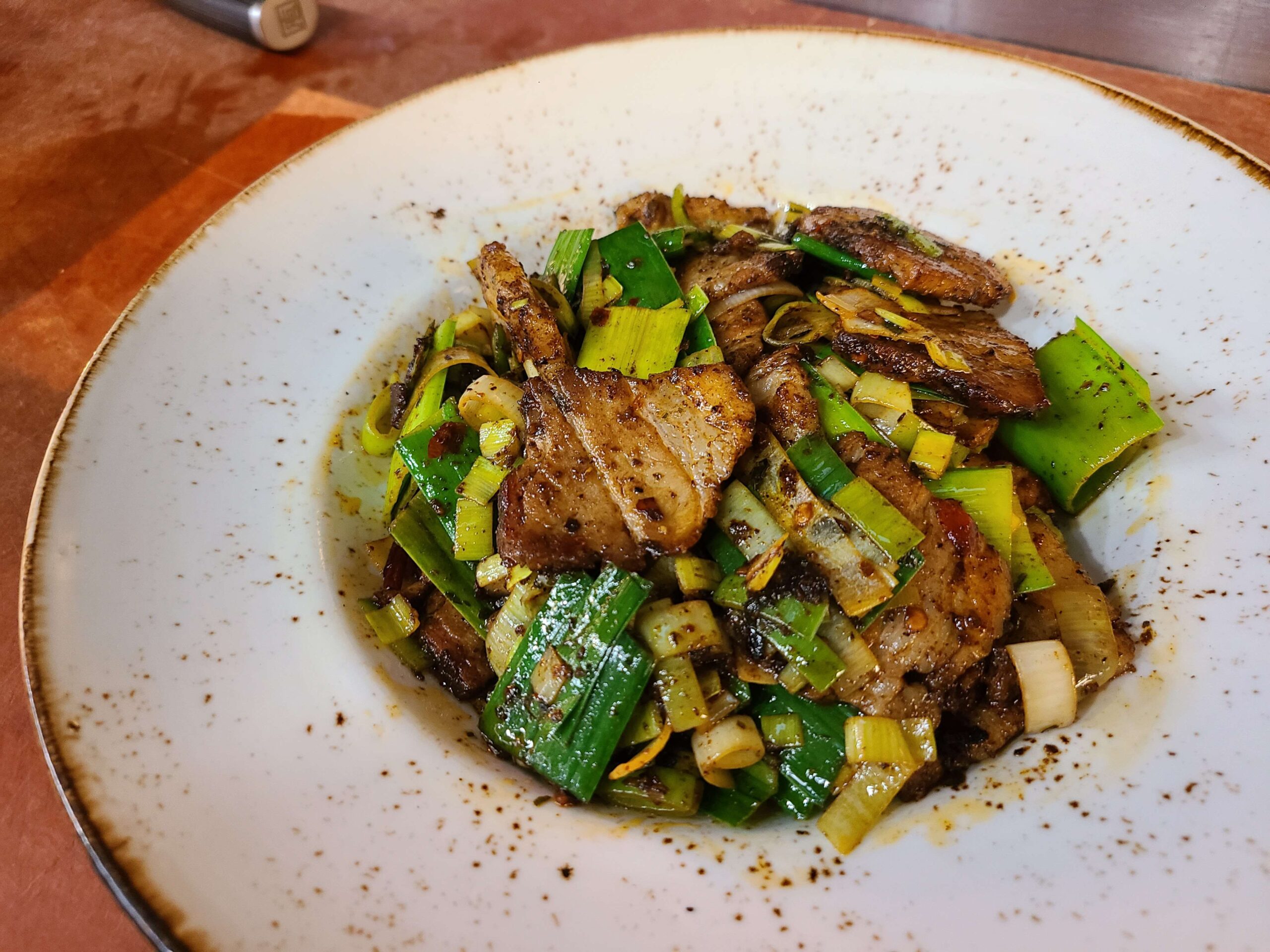 Twice cooked pork with leeks